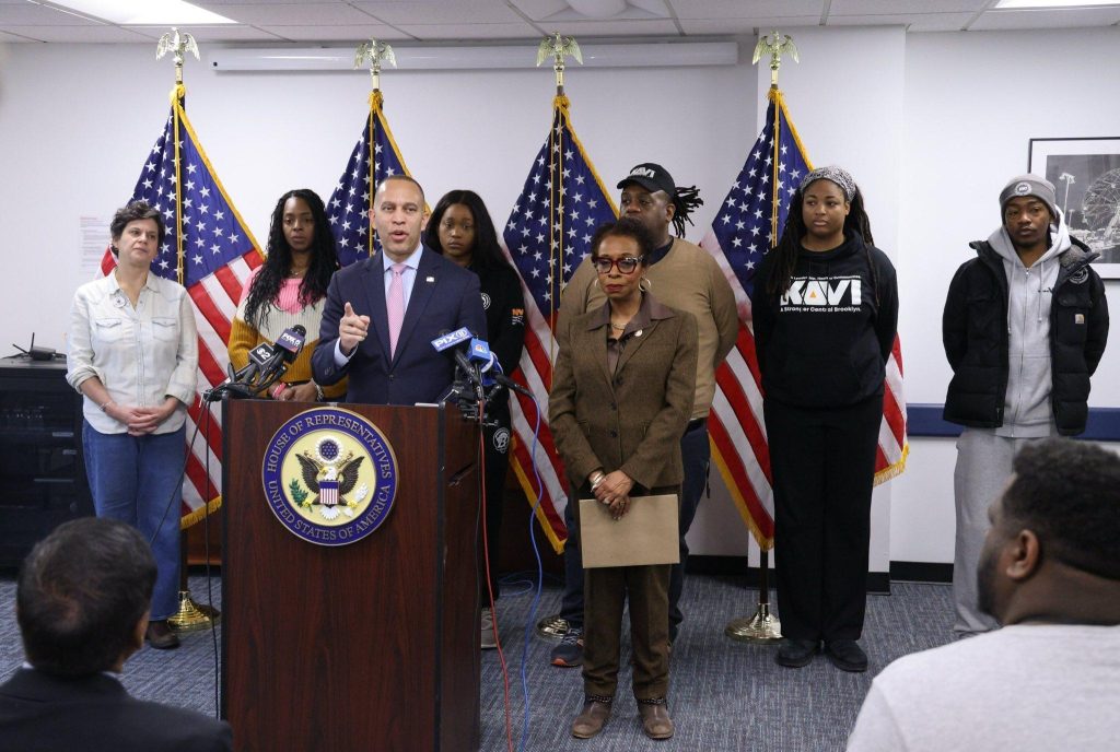 Leader Jeffries (center) speaking at press conference next to Congressional Black Caucus Chair Yvette Clarke and standing in front of  Rachel Sherrow, Chief Operating Officer for Citymeals  Shauntay Hairston, Policy Council Chair, Bedford Stuyvesant Early Childhood Development Center Inc. and leaders from Brownsville in, Violence Out and Kings Against Violence Initiative