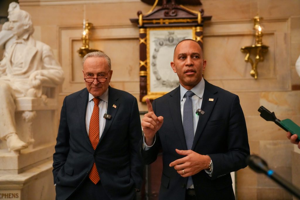 Leader Schumer (left) and Leader Jeffries (right) speaking at press conference in Statuary Hall