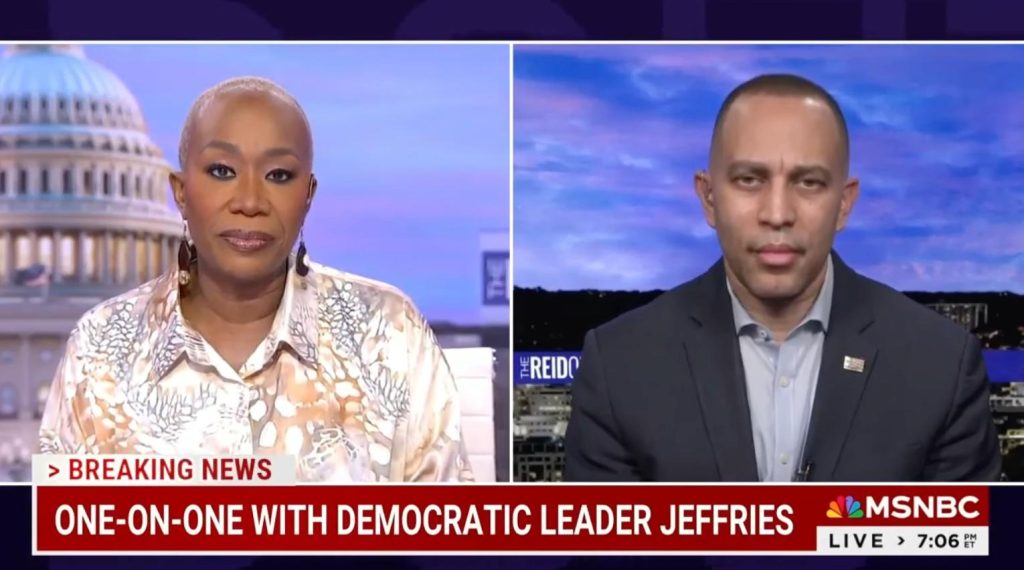 Joy Reid (left) and Leader Jeffries (right) appearing on screen