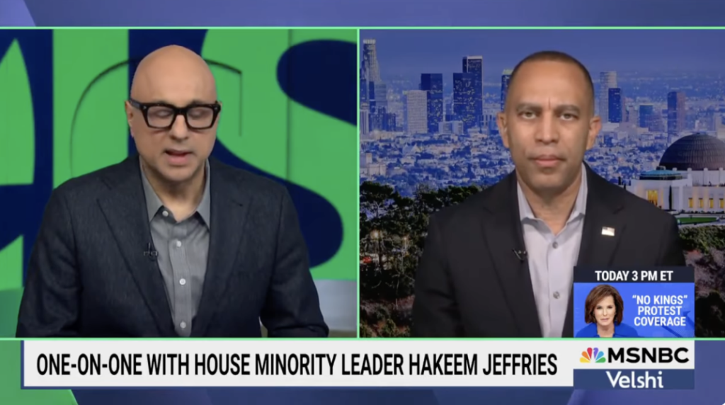 Ali Velshi (left) and Leader Jeffries (right) appearing on MSNBC's Velshi