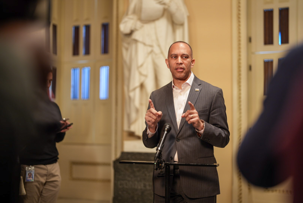 Leader Jeffries Speaking at press conference near Will Rogers statue