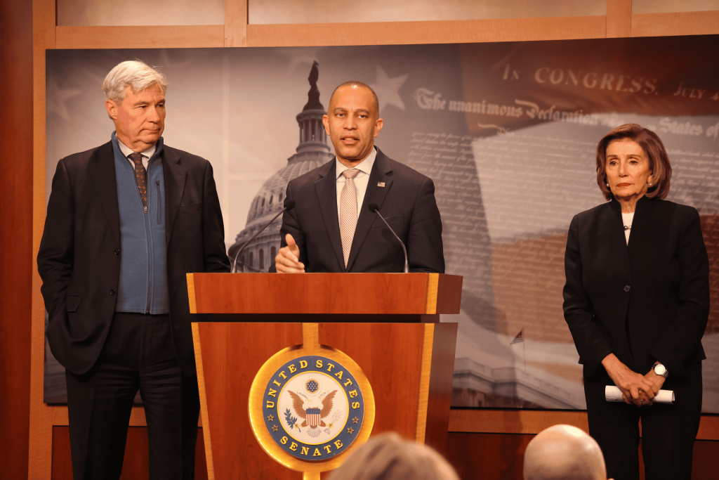 From left to right: Senator Sheldon Whitehouse, Leader Jeffries and Nancy Pelosi at press conference 