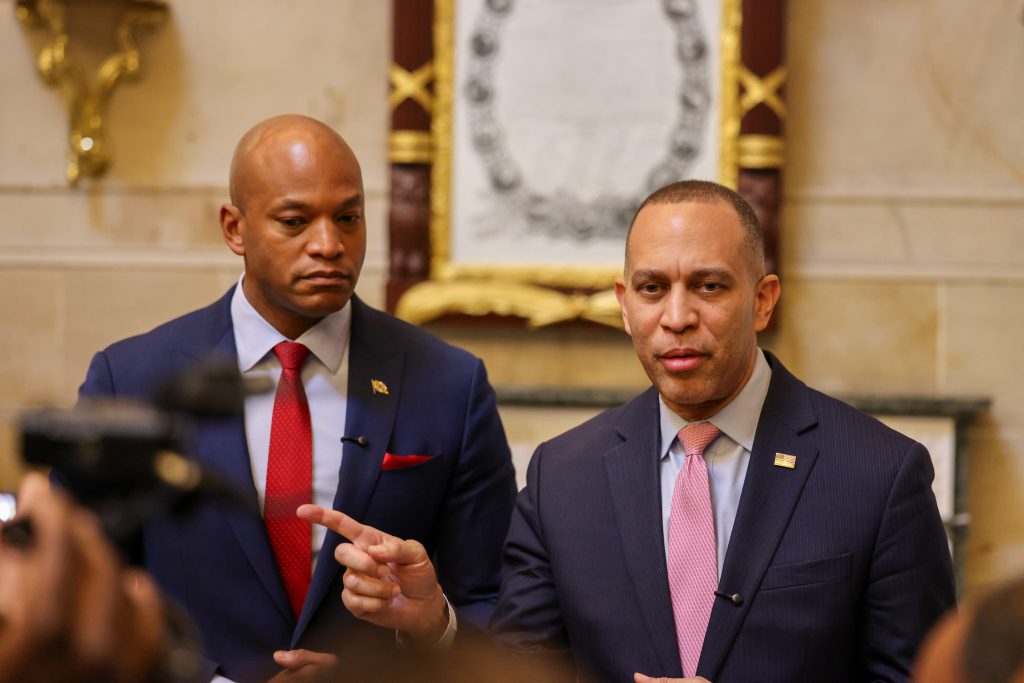 Leader Jeffries (right) speaking at a press conference with Maryland Governor Wes Moore (left)