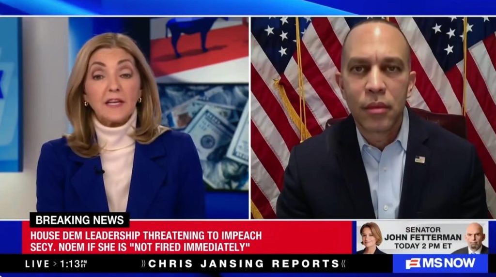 Chris Jansing (left) and Leader Jeffries (right) appearing on MS NOW's Chris Jansing Reports