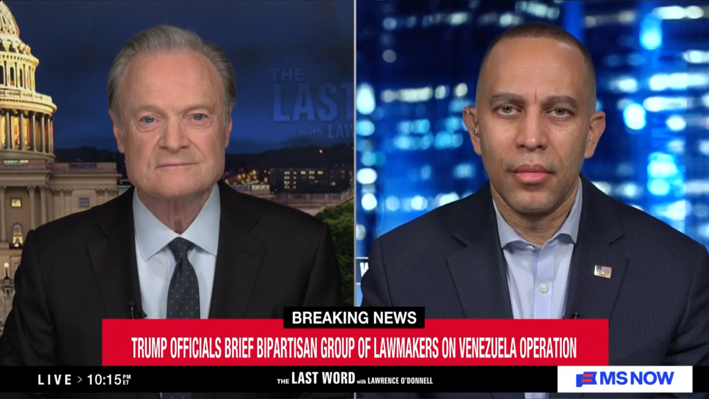 Lawrence O'Donnell (left) and Leader Jeffries (right) appearing on MS NOW's The Last Word with Lawrence O'Donnell