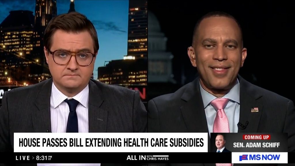Chris Hayes (left) and Leader Jeffries (right) appearing on MS NOW's All In with Chris Hayes