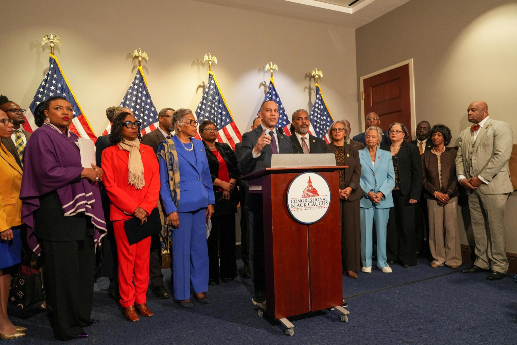 Leader Jeffries (center) speaking at a press conference with Members of the Congressional Black Caucus and civil rights leaders