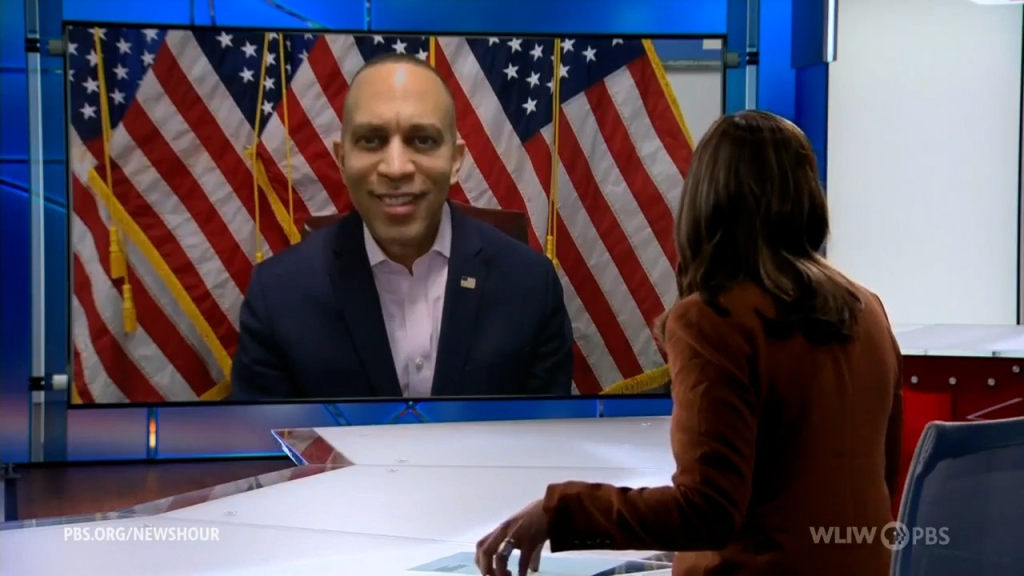 Leader Jeffries (left) and Amna Nawaz (right) appearing on PBS NewsHour