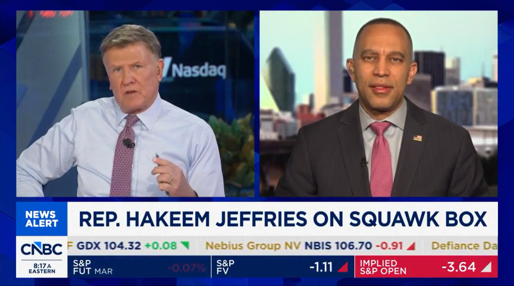 Joe Kernen (left) and Leader Jeffries (right) appearing on CNBC's Squawk Box