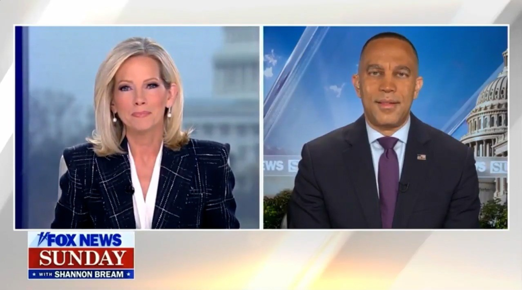 Shannon Bream (left) and Leader Jeffries (right) appearing on Fox News Sunday