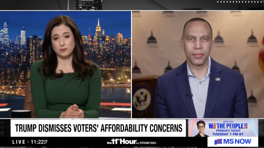 Caroline Rampell (left) and Leader Jeffries (right) appearing on MS NOW's The 11th Hour