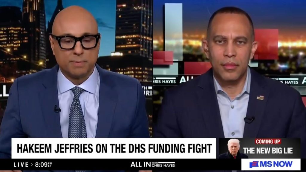 Ali Velshi (left) and Leader Jeffries (right) appearing on MS NOW's All In
