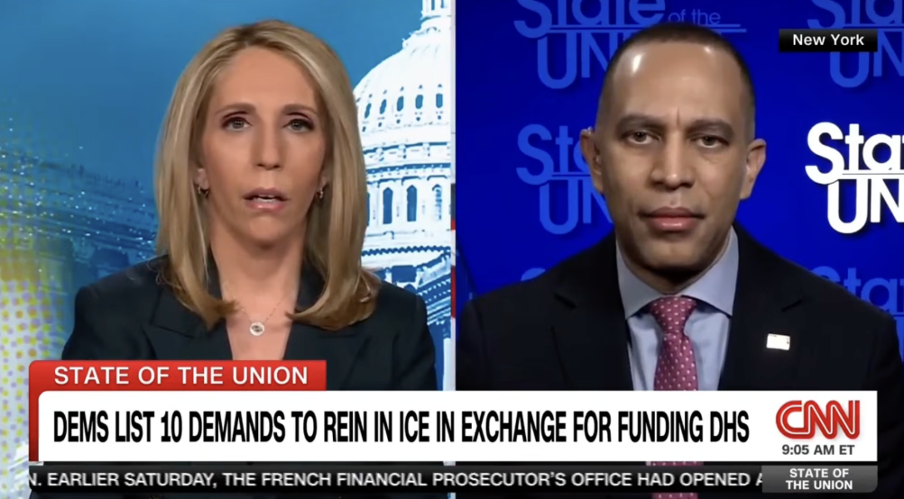 Dana Bash (left) and Leader Jeffries (right) appearing on CNN's State of the Union