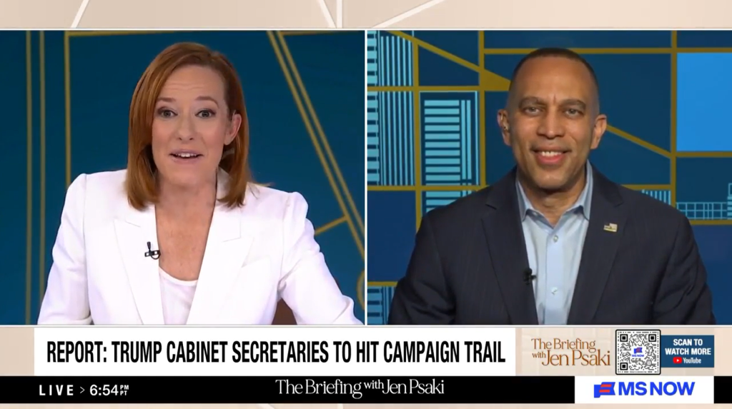 Jen Psaki (left) and Leader Jeffries (right) appearing on MS NOW's The Briefing with Jen Psaki