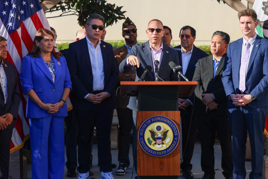 Leader Jeffries speaking at press conference with Rep. Derek Tran, local elected officials and representatives from veteran service organizations