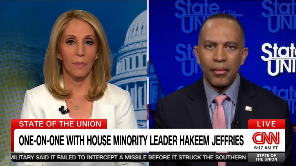Dana Bash (left) and Leader Jeffries (right) appearing on CNN's State of the Union