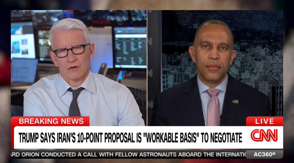 Anderson Cooper (left) and Leader Jeffries (right) appearing on screen