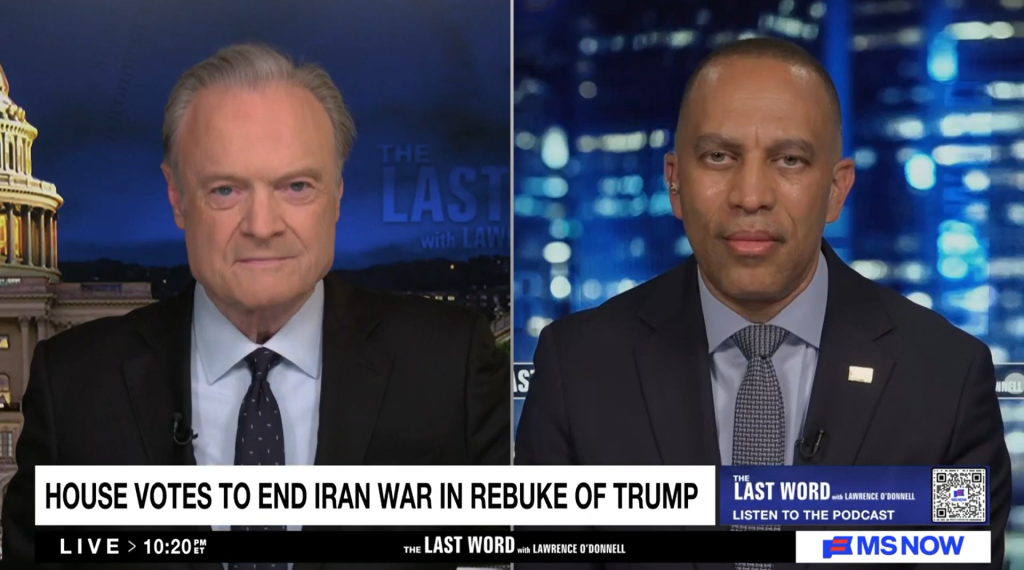 Lawrence O'Donnell (left) and Leader Jeffries (right) appearing on MS NOW's The Last Word