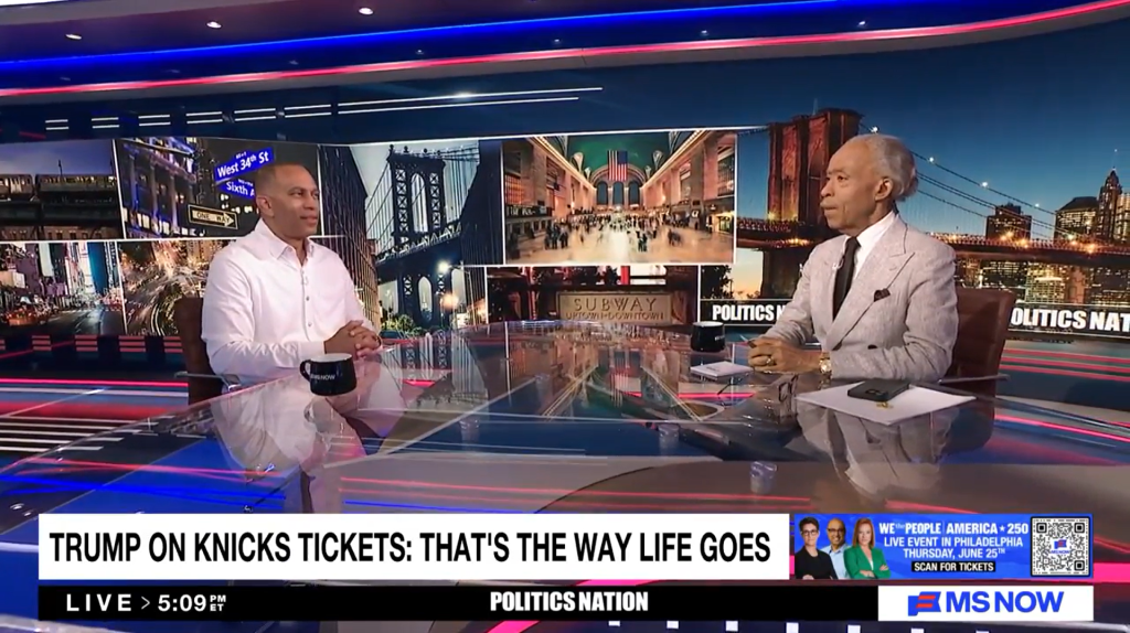Leader Jeffries (left) and Rev. Al Sharpton (right) sitting around a glass table